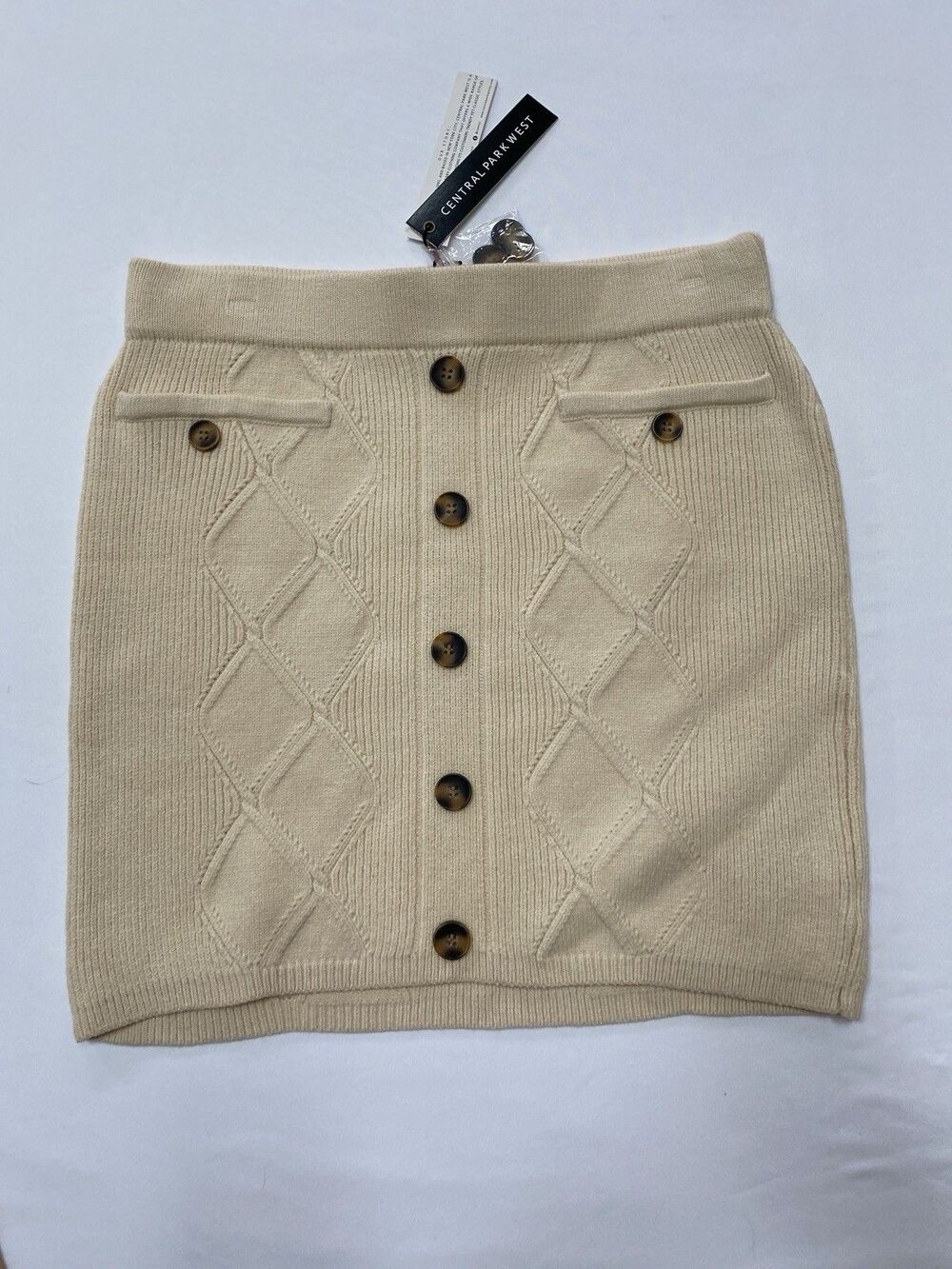 Central Park West Bella Cable Knit Mini Skirt M Cream Button Front